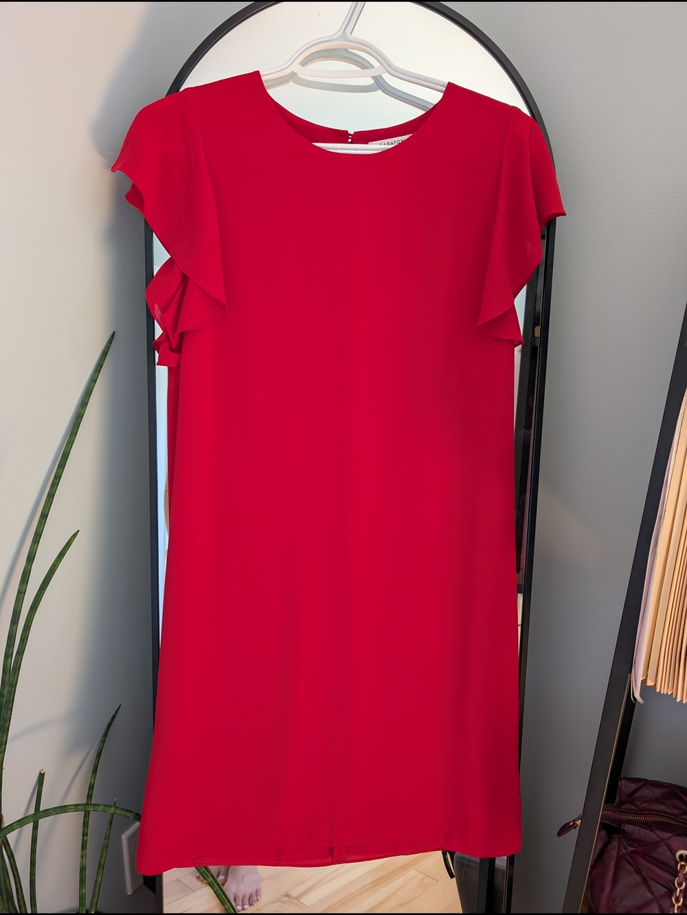 Babaton Vibrant Red Ruffle-Sleeve Midi Dress